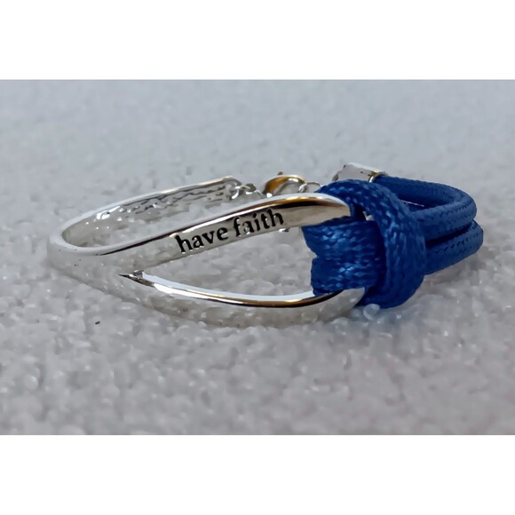 Avon Signed SAQ Silvertone & Blue Cord "Have Faith" Bracelet 6.5-7.5 in - Picture 1 of 14